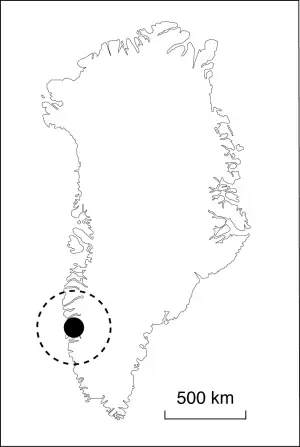 Sort cirkel på kortet viser området nær byen Maniitsoq i Grønland, hvor resterne af meteornedslaget er fundet.