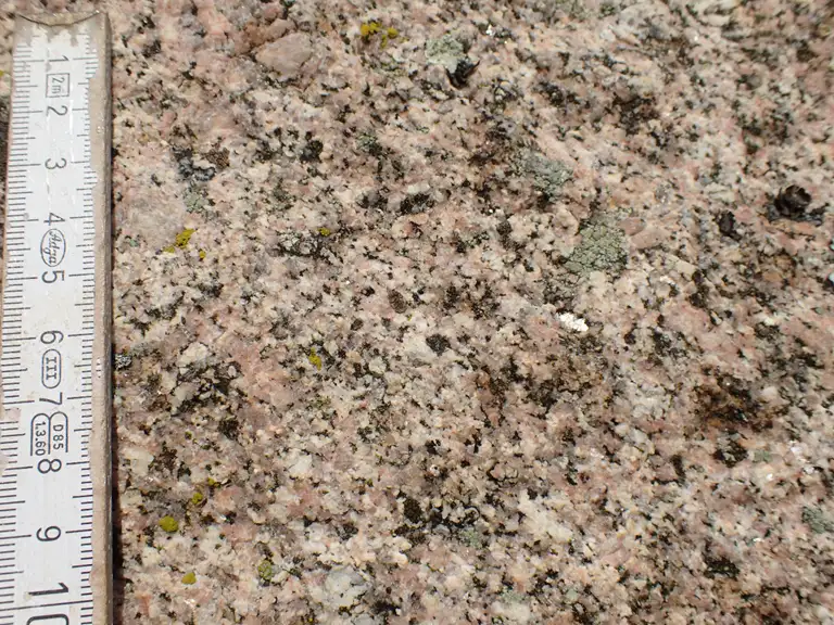 Granit med mineralkorn af samme størrelse. Stenen består af Bohuslen-granit fra vestkysten af Sverige, ikke så langt fra den norske grænse. Store Pigesten, Læsø Kommune.