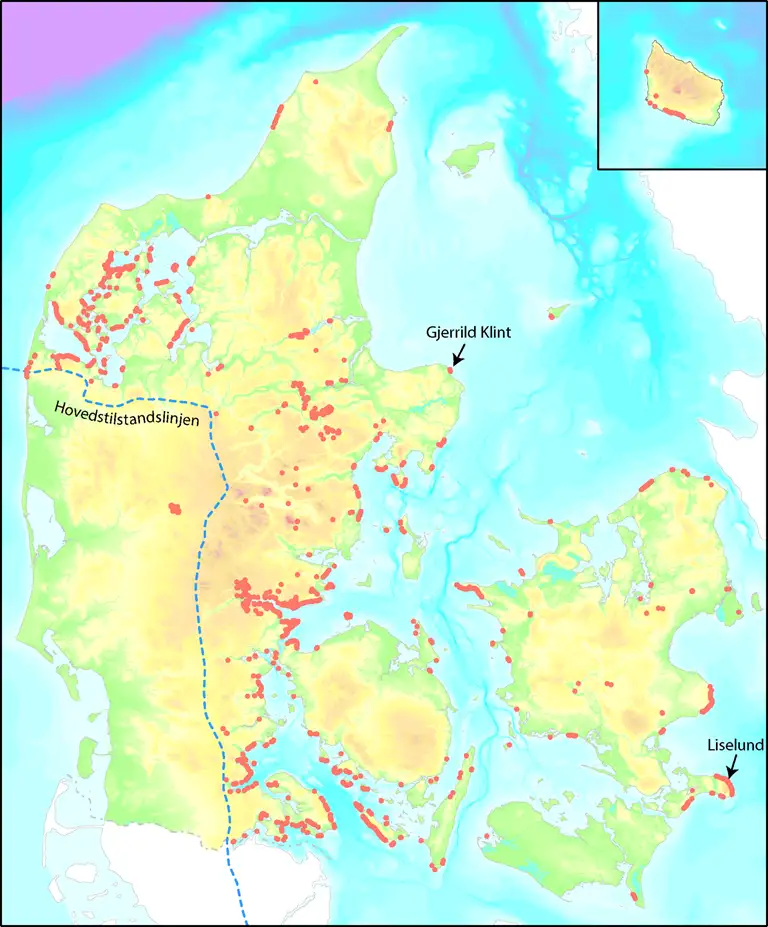 Kort over skredområder i Danmark.
