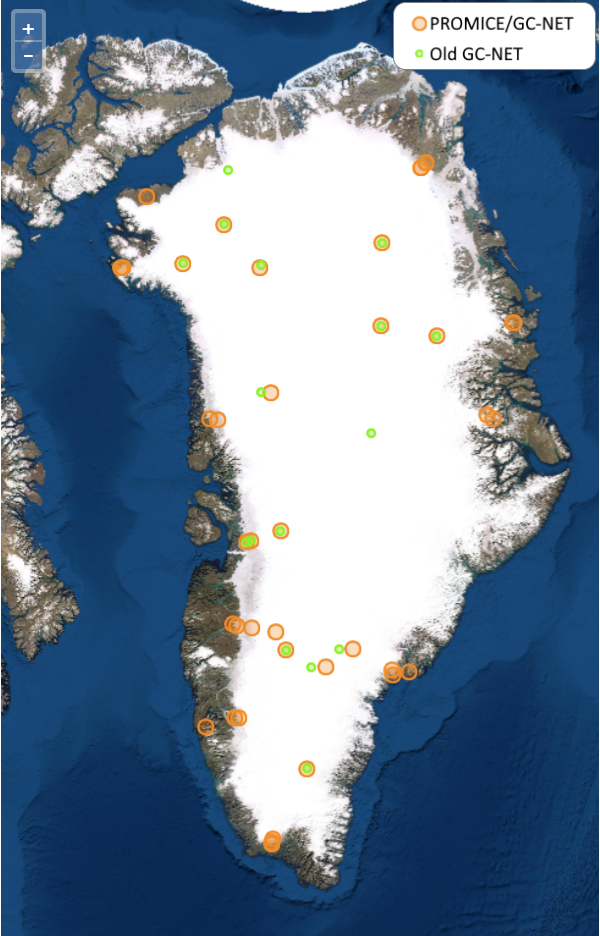Kort over Grønland der viser hvor vejrstationerne er 