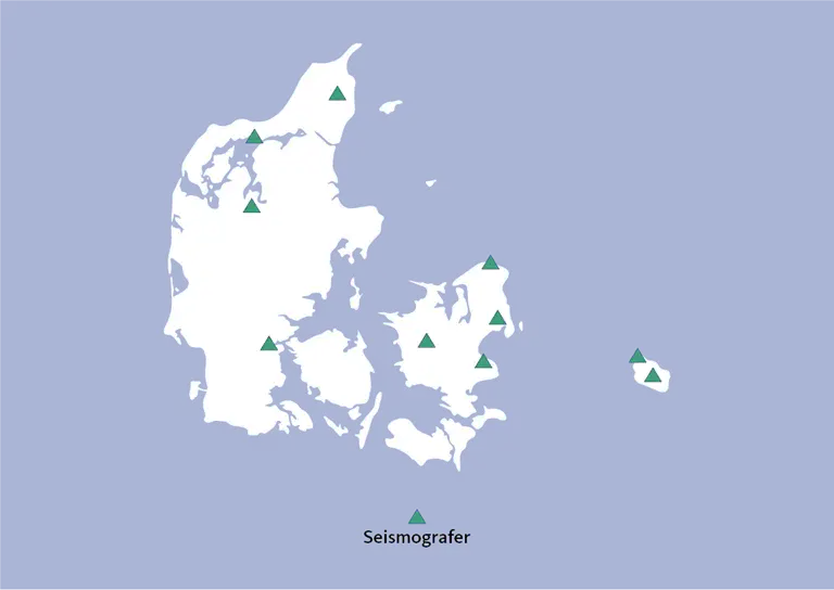 Danmarkskort der viser hvor seismograferne er i landet
