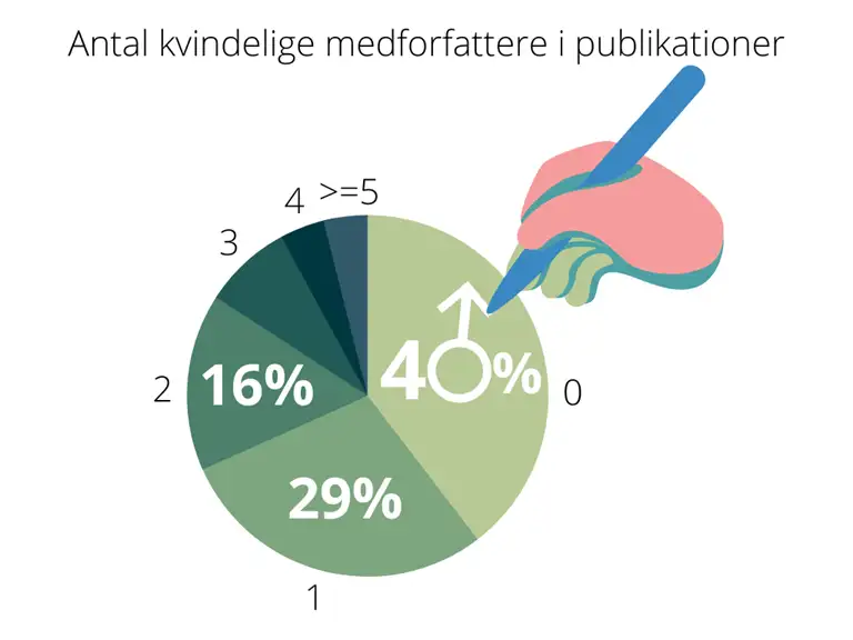 Et cirkeldiagram vier, at 40 % af publikationerne har 0 kvindelige medforfattere, 29 % har 1 og 16 % har 2. Derefter er resten fordelt p&aring; 3-5+ kvindelige emdforfattere.