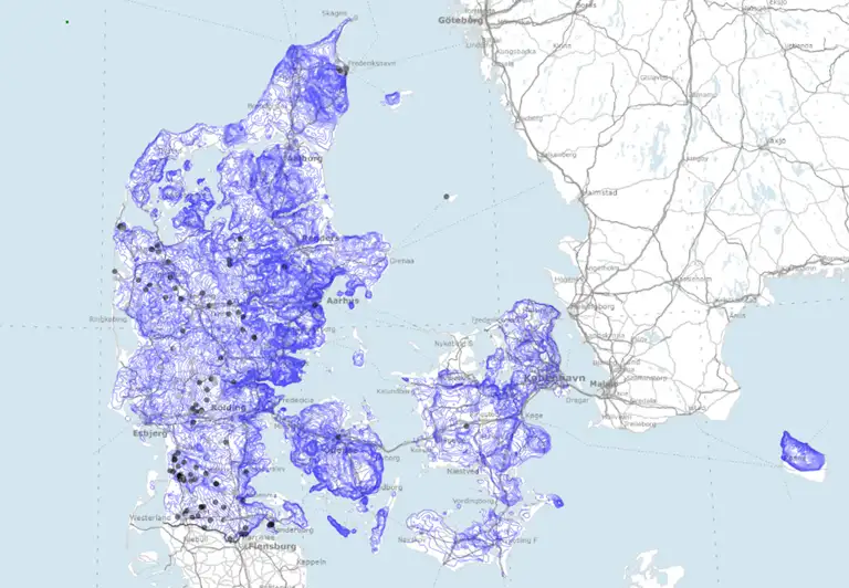 Danmarkskort over de steder i landet hvor der er varmelagringspotentiale i den øvre undergrund