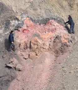 Rødbrændte sten fra skifferbranden ved Itileq øst for Qeqertarsuaq.