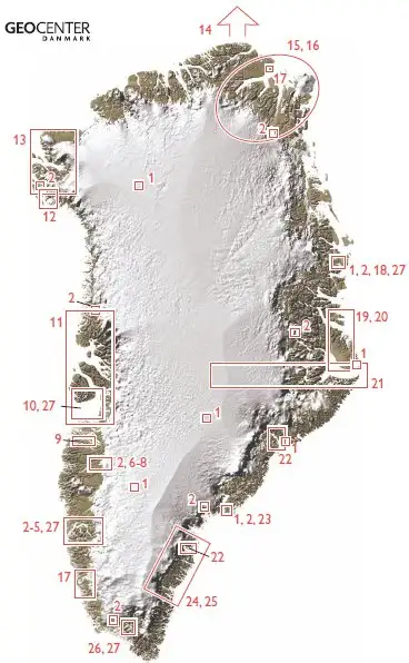 Kort over områder hvor Geocenter Danmark udfører feltarbejde i løbet af sommeren 2012