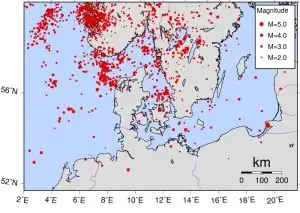 Forekomsten af jordskælv i Danmark siden 1970