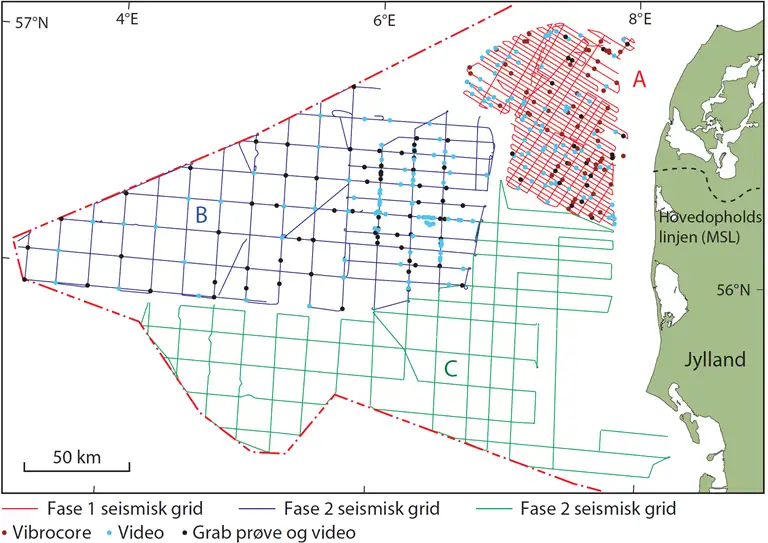 Figuren viser de seismiske sejllinje grid A, B og C p&aring; Jyske Rev.