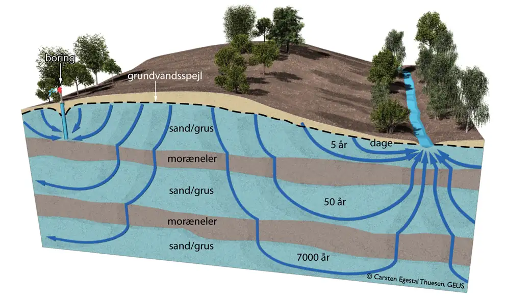 Grundvandet kan have mange forskellige aldre alt efter hvor dybt grundvandsmagasinet ligger.