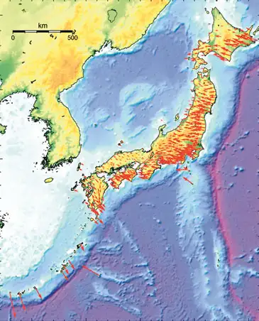 Billedet viser hvordan Japan deformeres &aring;r for &aring;r opm&aring;lt med GPS.