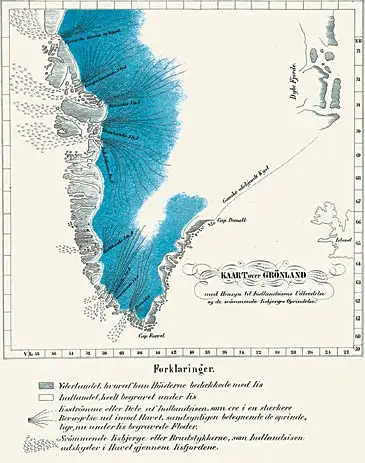 Rinks fremstillede i 1857 dette kort, som viser Indlandsisens udbredelse og isstr&oslash;mme fra Indlandsisen, som udmunder i Disko Bugt og l&aelig;ngere nordp&aring;. De fem store isstr&oslash;mme, som udmunder i Disko Bugt og l&aelig;ngere nordp&aring;, er vist sammen med mindre isstr&oslash;mme i det sydlige Gr&oslash;nland.