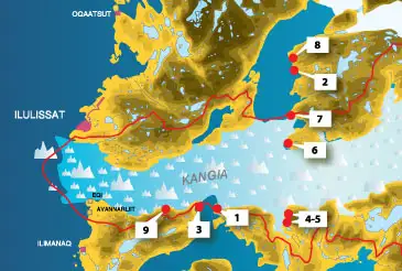 Kortet viser beliggenheden af havfuglekolonier i Ilulissat omr&aring;det.