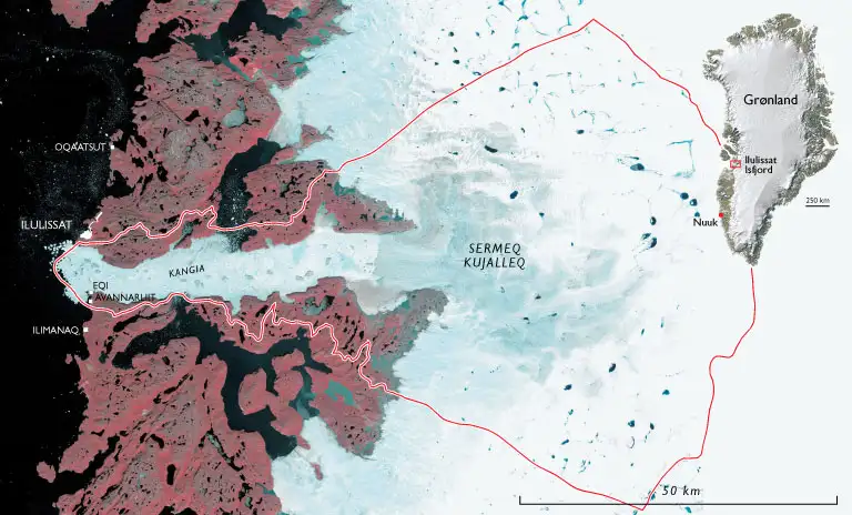 Kortet viser Ilulissat Isfjord og den omgivende region. Gr&aelig;nsen for verdensarvsomr&aring;det er indtegnet med r&oslash;d streg.